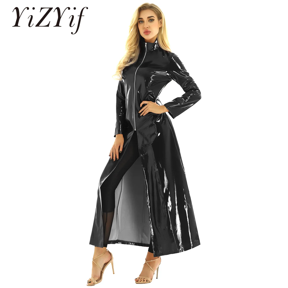 

Black Long PVC Leather Trench Coat for Women 2021 Long Sleeve Loose Korean Fashion Clothing Sexy Wetlook Clubwear for Party Club