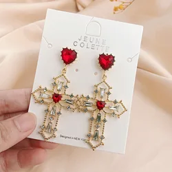 European Vintage Baroque Hollow Cross Pendant Clip Earrings Statement Red Heart Rhinestone Cross Clip Earrings No Piercing Women