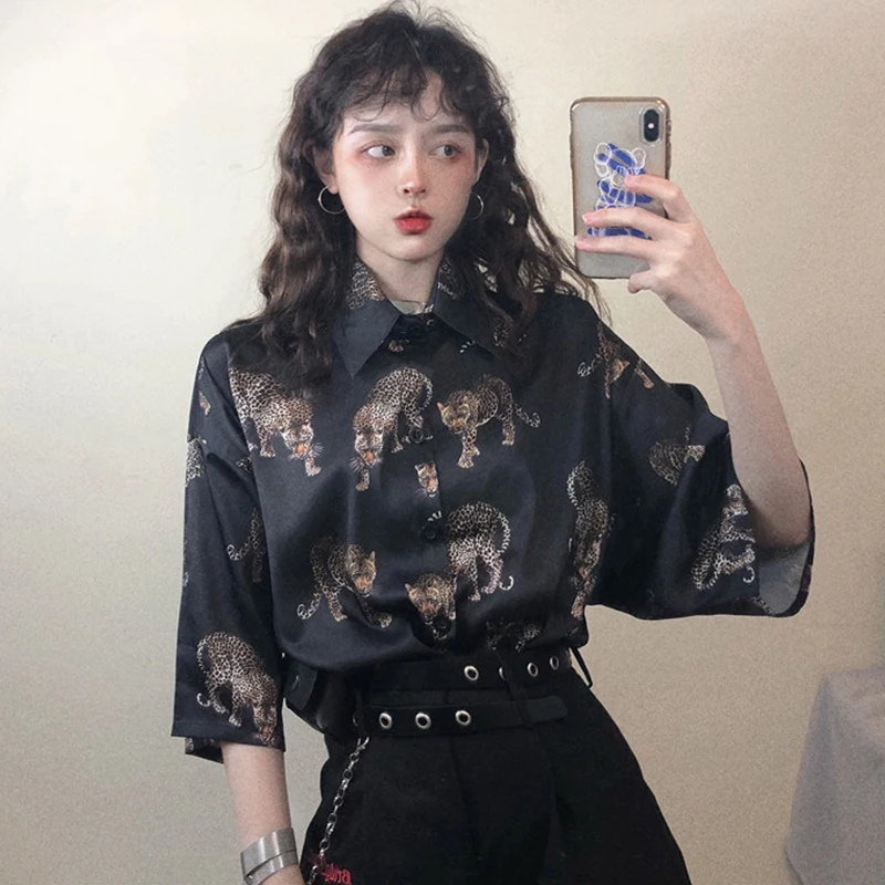 Vintage Leopard Women\'s Blouse Harajuku Print Shirts  2021 Summer Ladies Loose short sleeve Blusa Streetwear Camisas Mujer