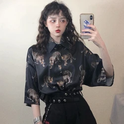 Vintage Leopard Women's Blouse Harajuku Print Shirts  2021 Summer Ladies Loose short sleeve Blusa Streetwear Camisas Mujer