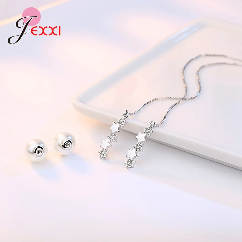 Lovely Style Stars Bunch Ear Chain for Campus Girls 925 Sterling Silver Pearl Ear Jewelry for Performance Party