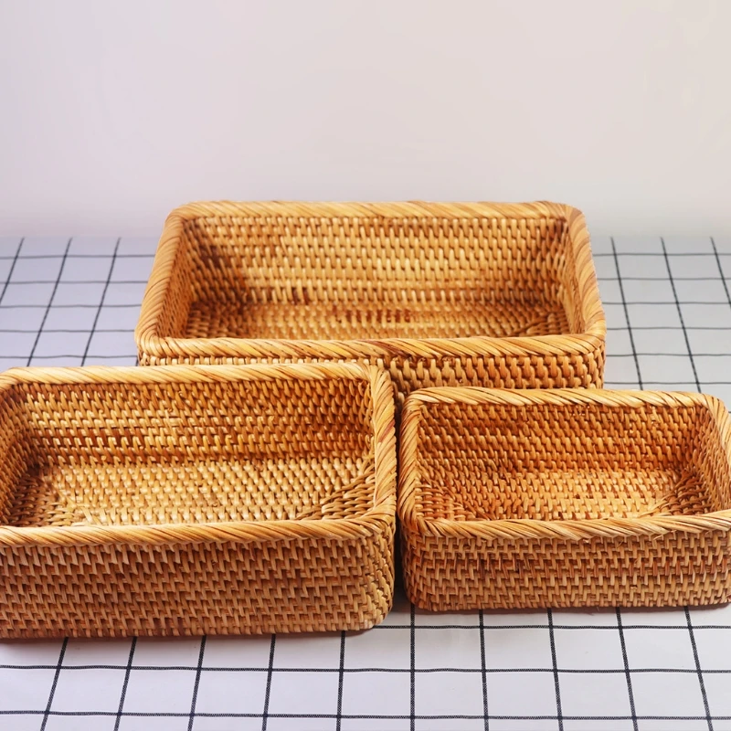 Rectangular Hand-woven Basket Rattan Candy Storage Tray Bread Dish Multipurpose Storage Dustpan wholesales