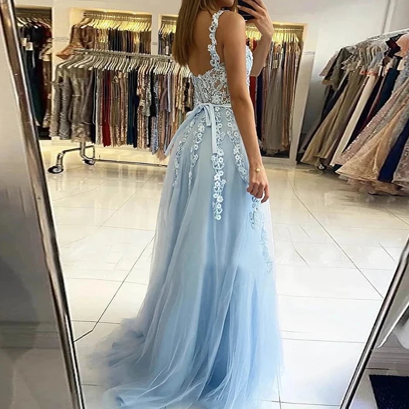 Elegante vestido de fiesta de tul para graduación, traje de fiesta elegante con apliques de encaje en forma de A, color azul cielo, 2021