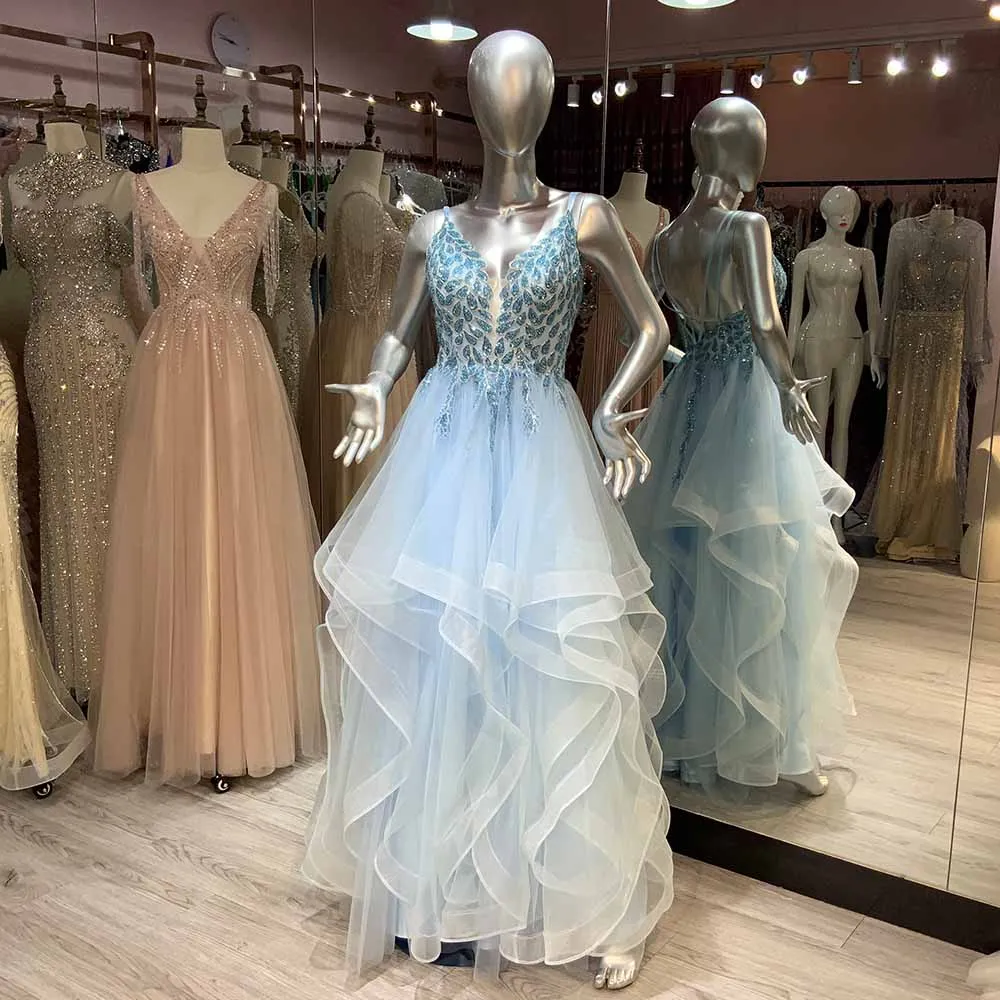 

Elegant Baby Blue Long Prom Dresses Straps Ruffles Tulle Beaded Sparkly Women Evening Gown Party Night Backless