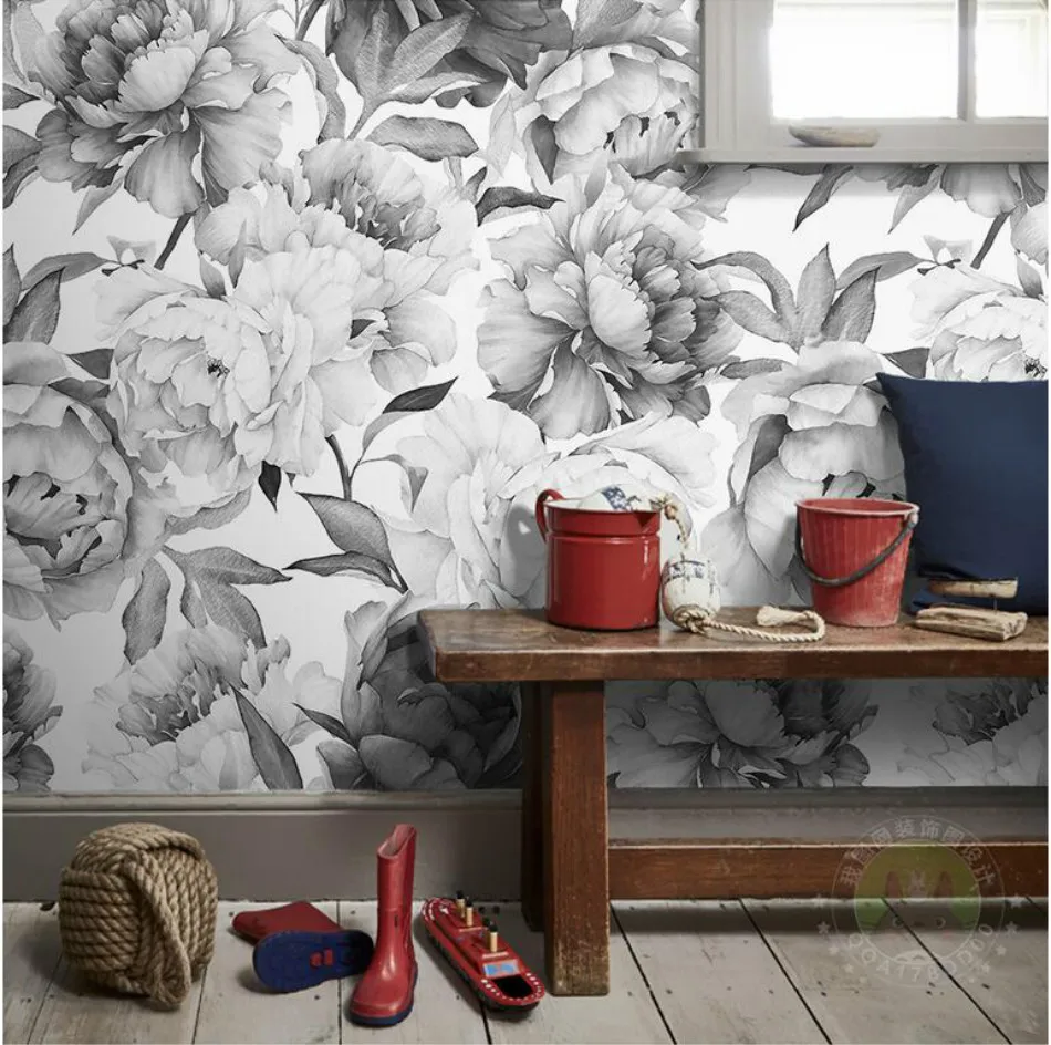 Bacal Nordic Black and White Peony Flower 3D Wallpaper mural for Walls Paper Vintage Decor Painting Backdrop Home Improvement