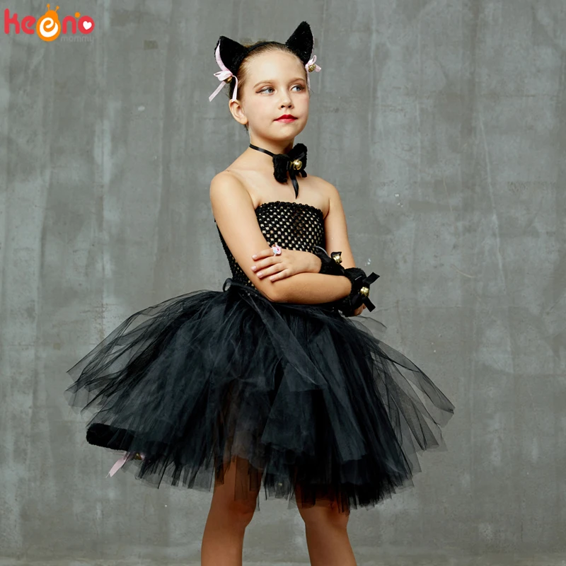 

Kids Witches Black Cat Fancy Tutu Dress Girls Halloween Cosplay Costume Baby Girl Pet Birthday Party Animal Dress Up Outfit