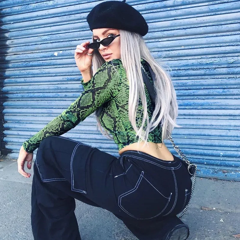 CasualGreen Snake Print New Hot Sale T Shirt Women Mesh Top Long Sleeve Transparent Snakeskin Female T-shirt High Neck Crop Tops