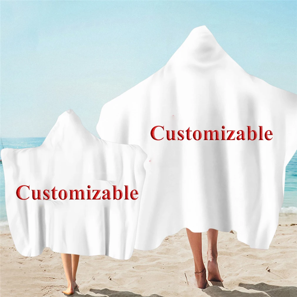 Customized Microfiber Photo Logo Bath Towel Hooded Surf Square Cloak Cape Adult Kids Beach Printed Swimming Quick Dry Bathrobe