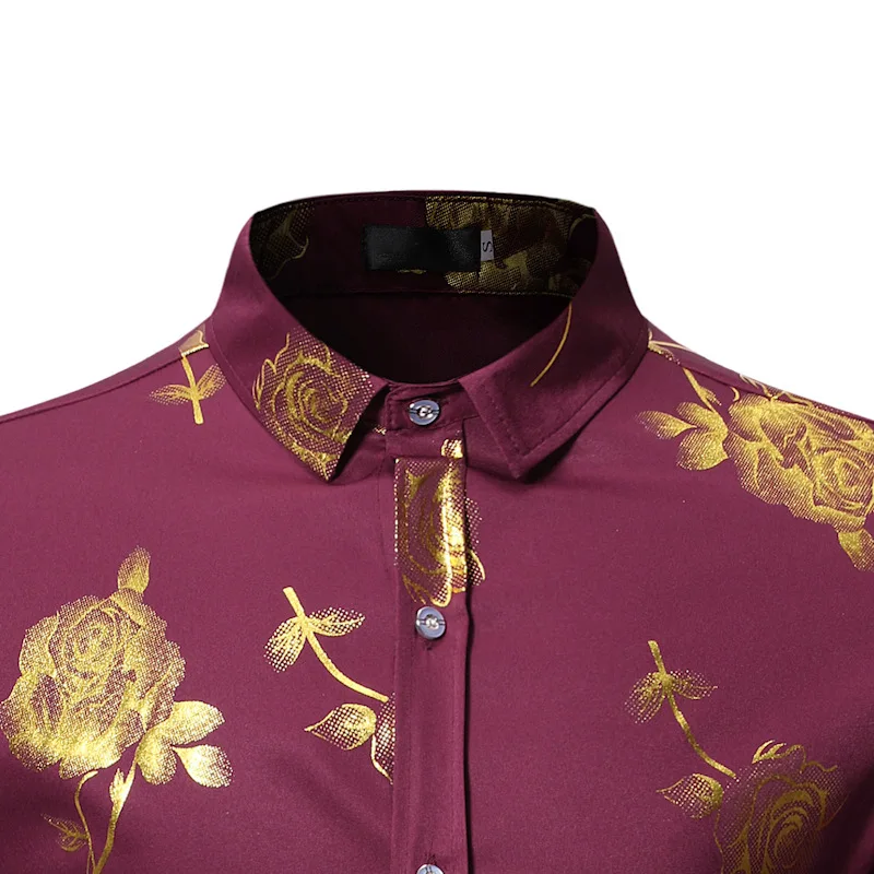 Stylish Rose Floral Gold Print Pink Shirt Men 2020 New Slim Fit Long Sleeve Mens Dress Shirts Club Party Wedding Camisa Social