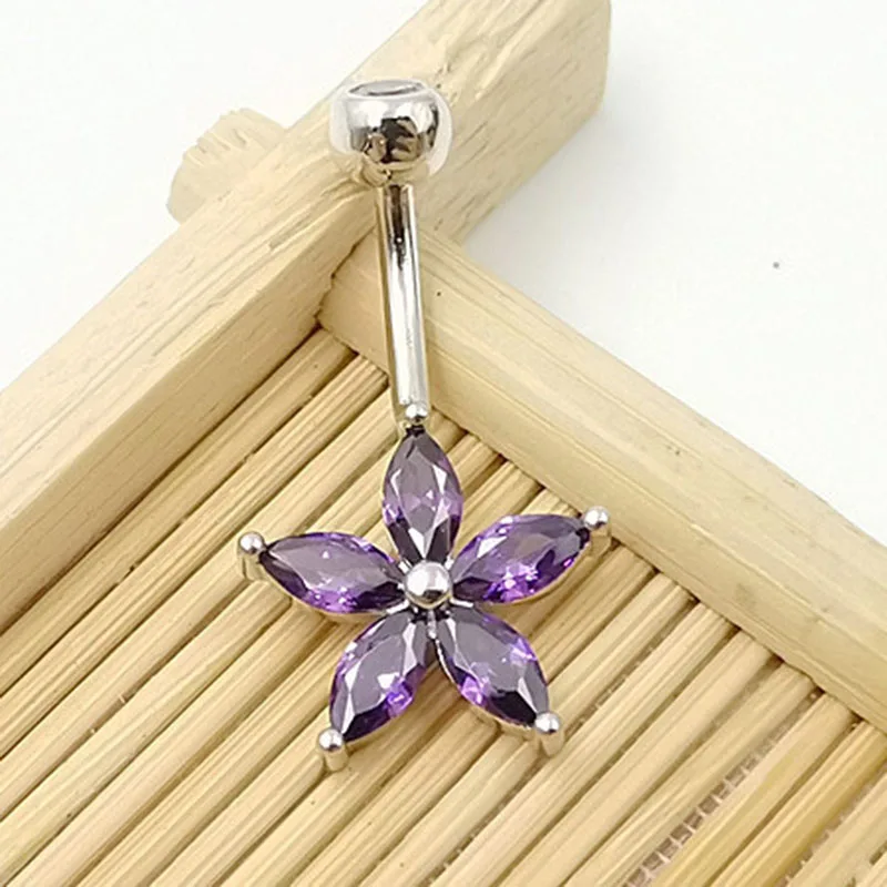 Pink purple Zirconia flower shape belly button navel ring 925 sterling silver body piercing jewelry beach hyperallergenic