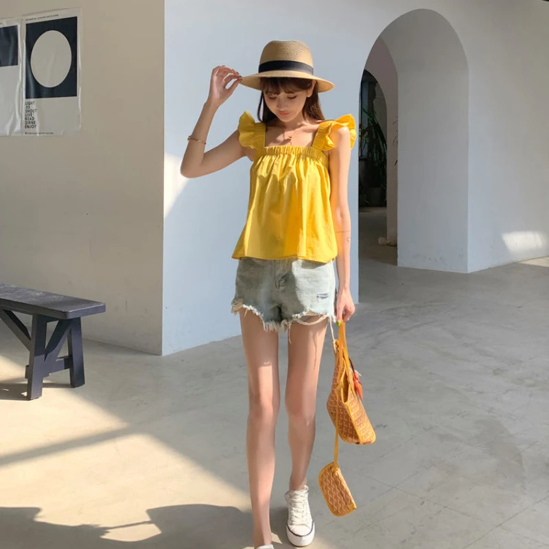 Tanks Frauen Kawaii Solide Französisch Stil Alle-spiel Casual Sommer Rüschen Mode Grundlegende Jugendliche Einfache Crop Tops Neueste Mädchen gemütliche