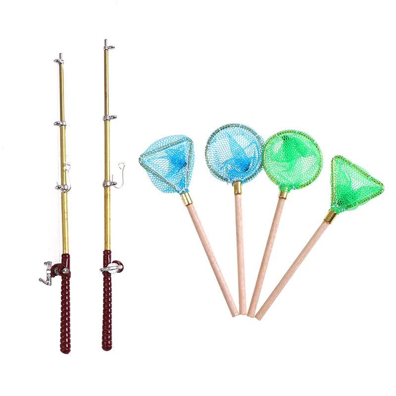 

3 Pcs/set Of Miniature 1:12 Doll House Decoration Garden Decoration Fishing Rod Round Nets Triangle Net Group