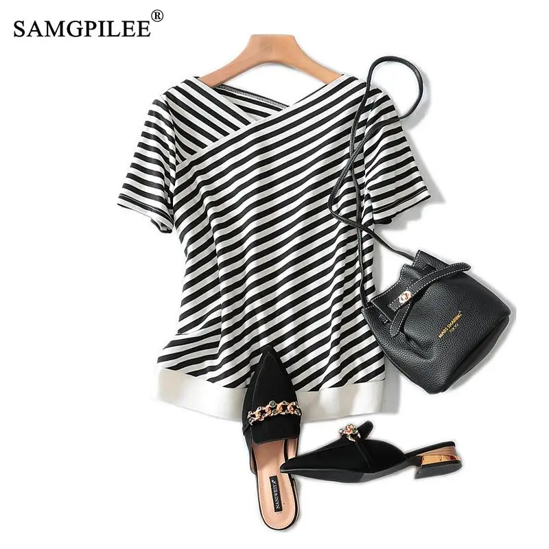 

T-shirt Brand Women Casual Tops Womens 2022 Broadcloth Short Sleeve Tshirt Oversize Cotton Striped V-neck Women Fashion T-shirts