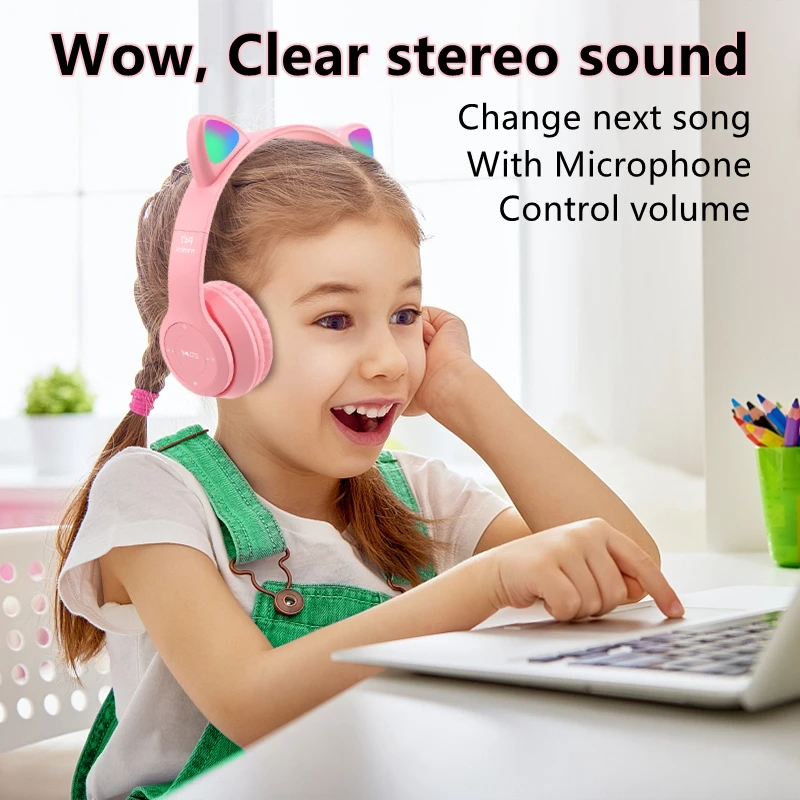 Беспроводные детские наушники с милым котом RGB, наушники с микрофоном, стерео геймерские гарнитуры для ПК для девочек, детский сотовый телефон Игровые наушники с Bluetooth