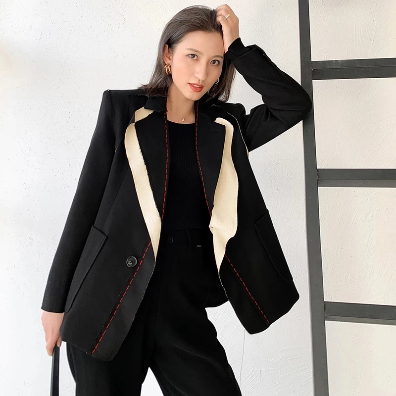 New Fashion Patchwork Hit Color Temperament Suit Outerwear Women Lapel Long Sleeve Loose Blazers Office Coat