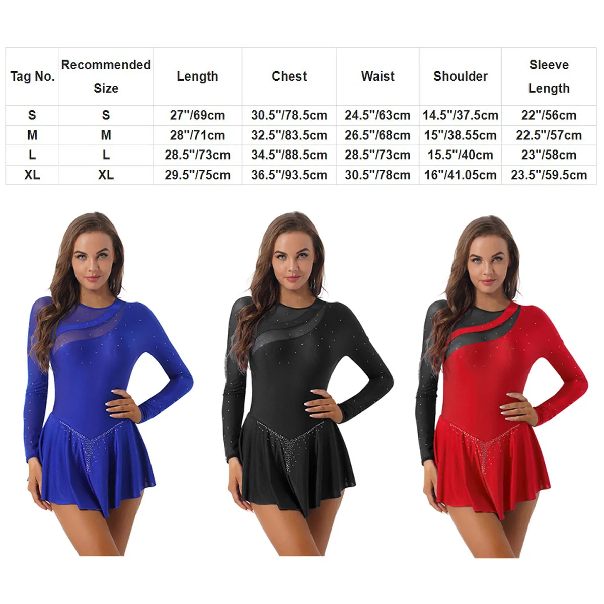 Rhinestone Ballet Tutu Gymnastics Leotards Dress Women Mesh Long Sleeve Figure Ice Skating Dress Ballroom Competition Costume