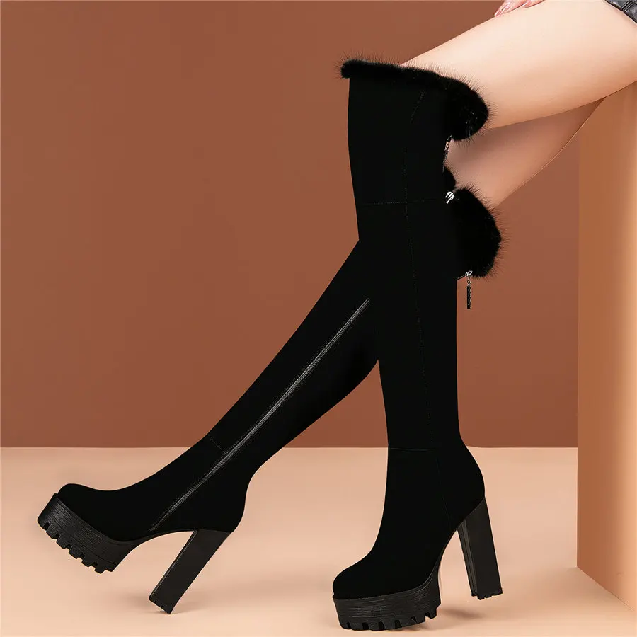 Thigh High Pumps Shoes Women Genuine Leather High Heel Over The Knee High Motorcycle Boots Female Winter Warm Fur Platform Shoes