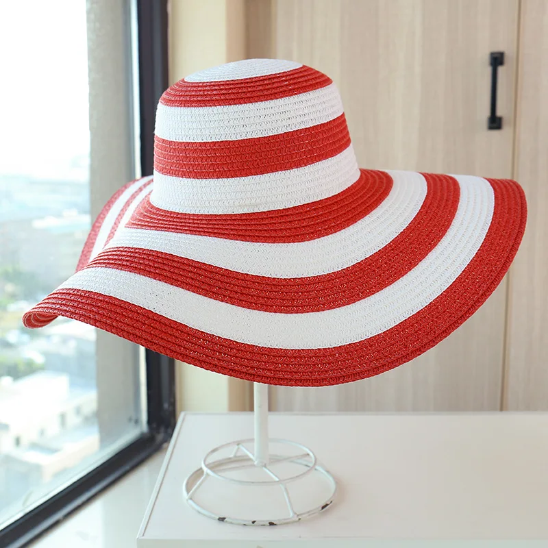 Women Summer Foldable Sunscreen Sun Cap Seaside Holiday Cap Striped Beach Hat Sunshade Big Brim Straw Hat for Lady