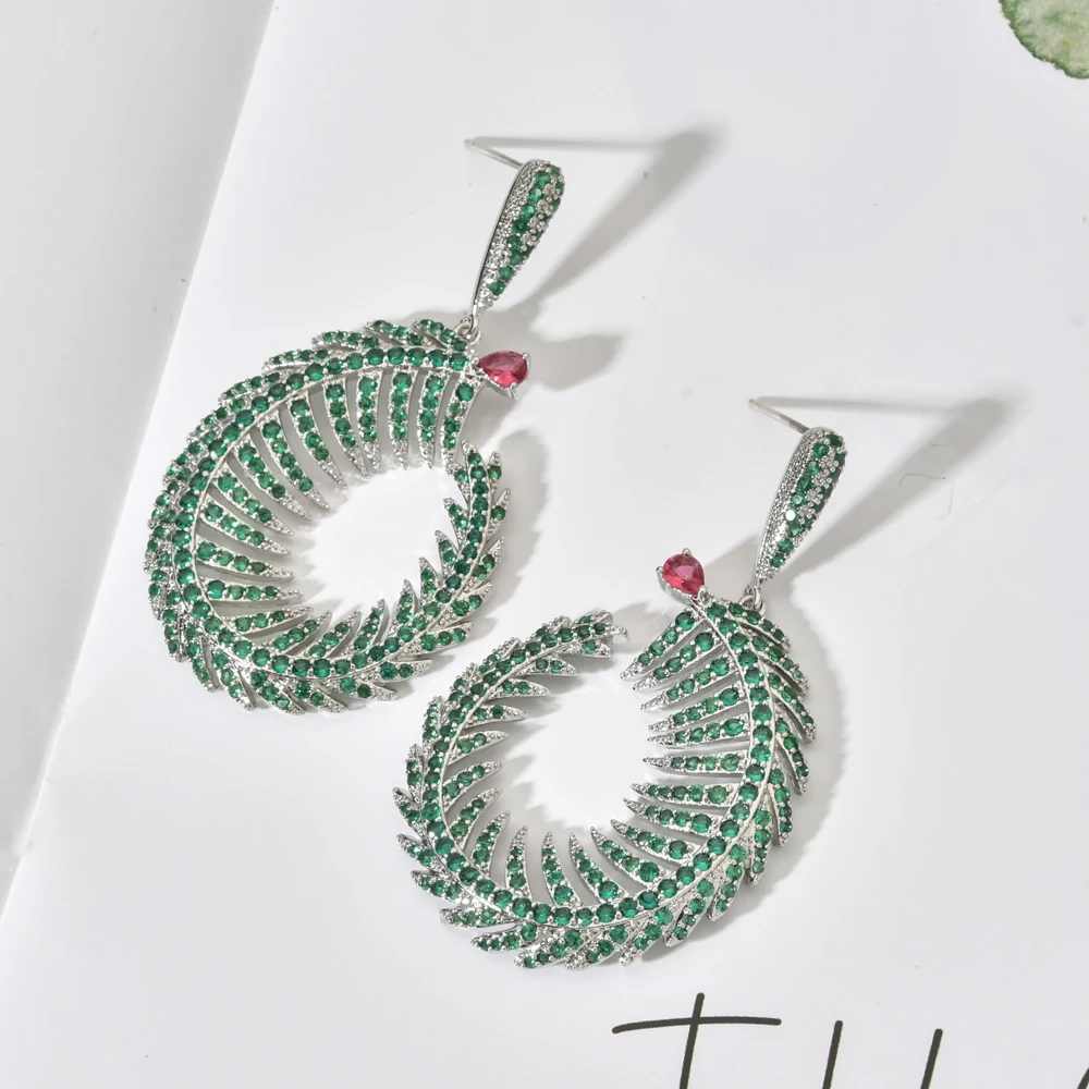 European and American temperament luxury green plant leaf zircon earrings female/girl wedding party new bride gift