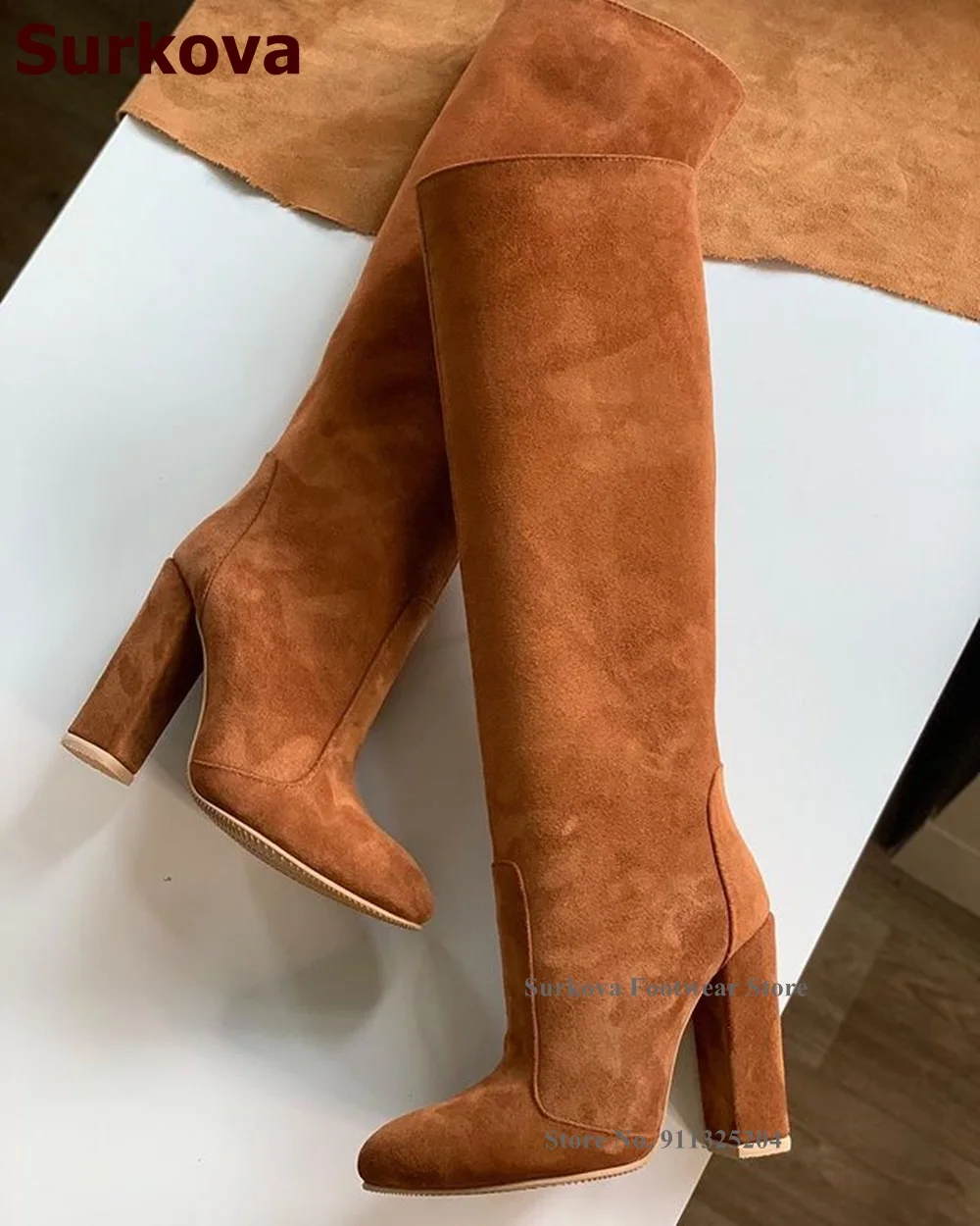 

Surkova Brown Suede Chunky Heel Knee Boots Pointed Toe Zipped Dress Shoes Women Fall Winter Long Boots Footwear Size34-52