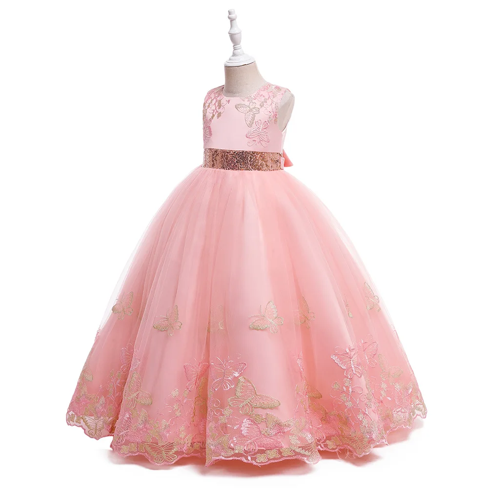 3-12Y Big girls Floor Length Sleeveless Dress Party Sequin Waist New Year Summer Dresses Party Ball Gown Vestidos Butterfly