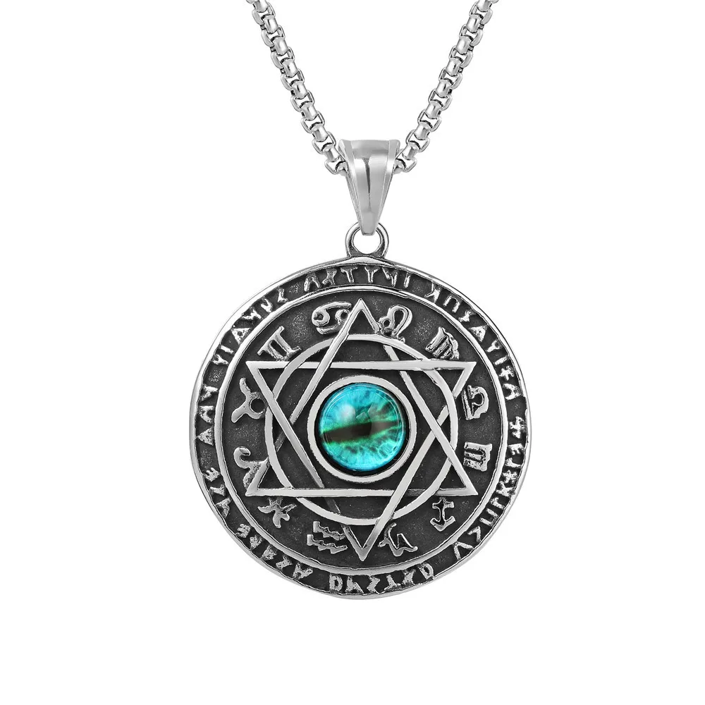 Six Pointed Viking Rune Cat's Eye Stone Inlaid Round Pendant Necklace Men's Women's Necklace New Metal Accessories Party Jewelry