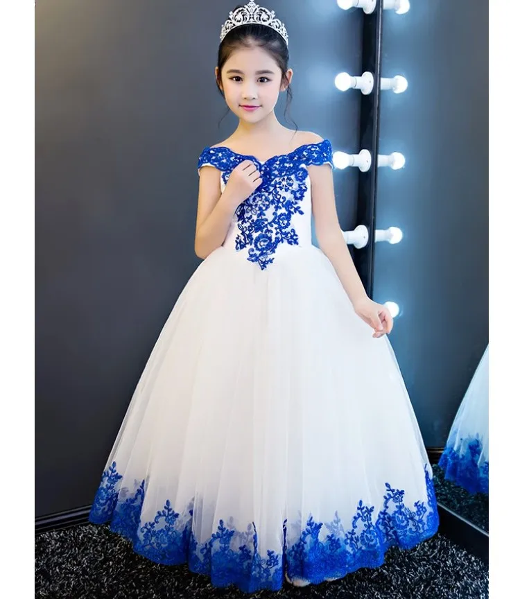 2023 Elegant White and Royal Blue Lace Ball Gown Tulle Off Shoulder Flower Girl Dresses for Wedding Party Juniors with Sleeves