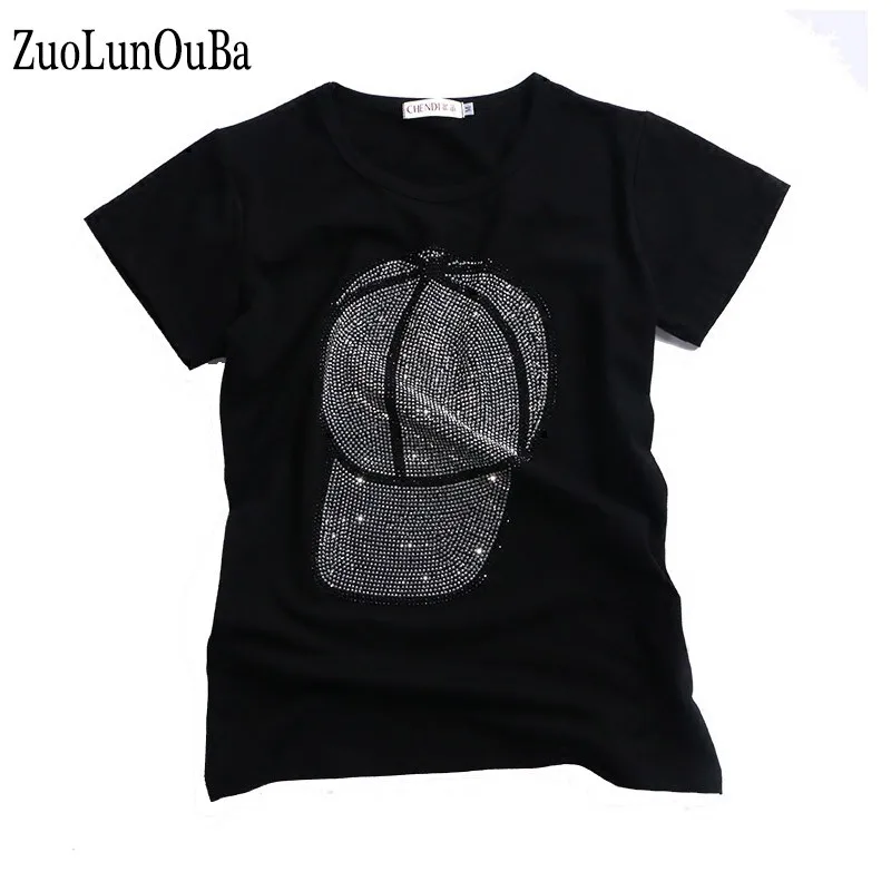 

ZuoLunOuBa Summer Fashion Women Black T Shirt Cap With Hot Diamond Decoration Loose Short Sleeve Tees Tops