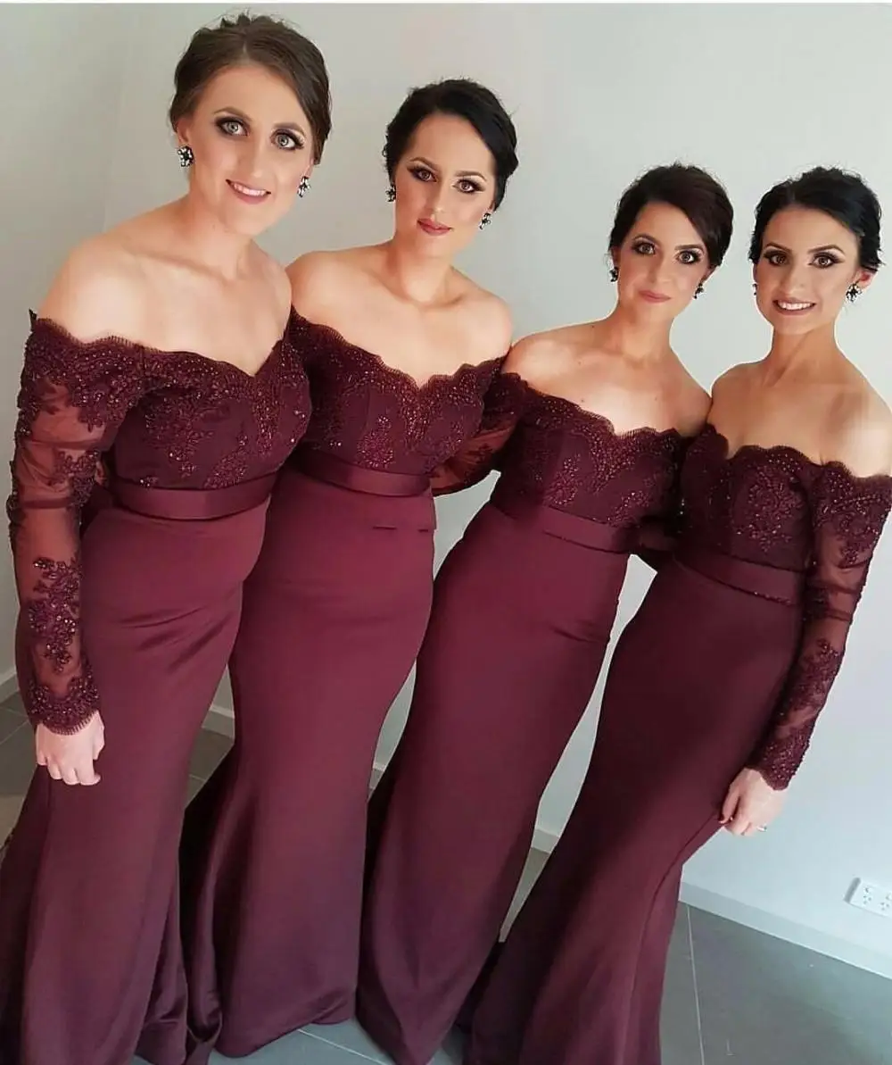 

Burgundy Cheap Bridesmaid Dresses Under 50 Mermaid Long Sleeves Lace Beaded Long Wedding Party Dresses For Women