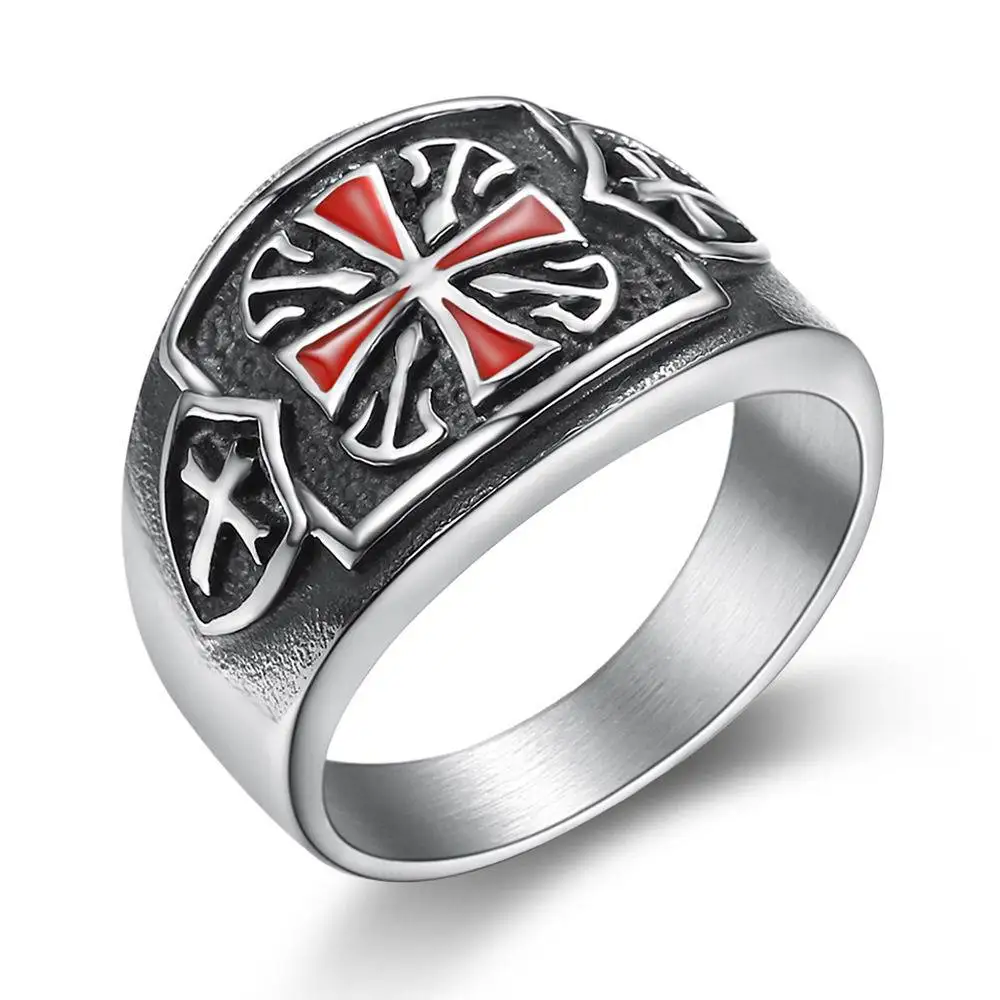 Drop shipping US Size 7 - 14 Stainless steel Red Armor Shield Knight Templar Crusade Cross Ring Medieval Signet Retro Vintage