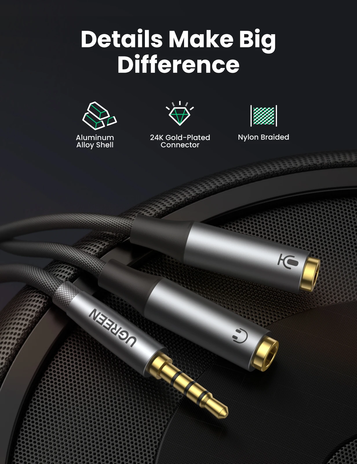 UGREEN Bộ Chia Tiếng 3.5Mm Cáp Chia Cho Máy Tính Jack 3.5Mm 1 Nam Đến 2 Cái Mic Y bộ Chia AUX Cáp Tai Nghe