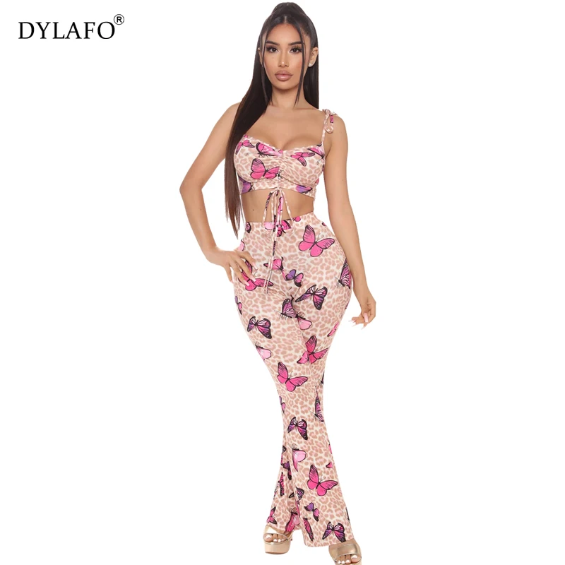 2021 Two Piece Set Women's Wear Western Style Strap Tops + Pants Sexy Stylish Butterfly Digital Print Bandage Wide Leg Outfits