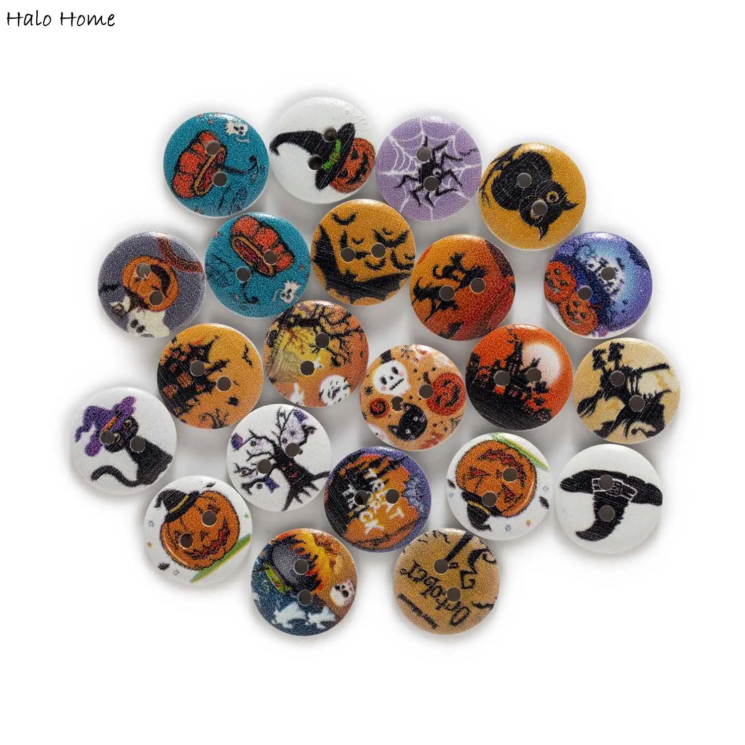 50 sztuk nadruk halloweenowy bogato kolorowe Mix drewno okrągłe przycisk szycia Scrapbooking odzież Craft akcesoria do rękodzieła 15mm