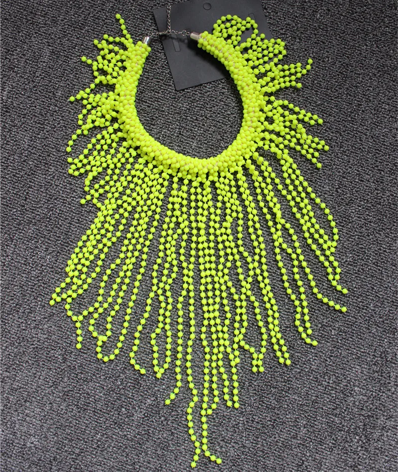 Handmade CHICATWILL European Trendy Statement Women Chokers Elegant Ladies Tassels Chains Neon Yellow Beading Necklace Shawl