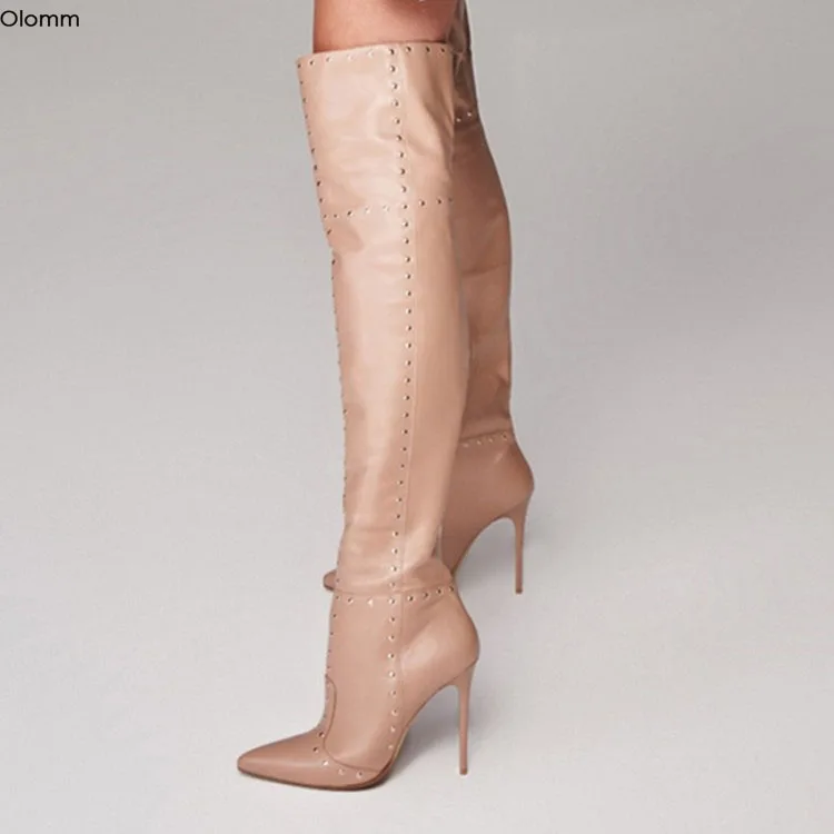 

Olomm 2020 Handmade Women Thigh High Studded Boots Sexy Stiletto Heels Pointed Toe Gorgeous Nude Party Shoes Women US Size 5-15