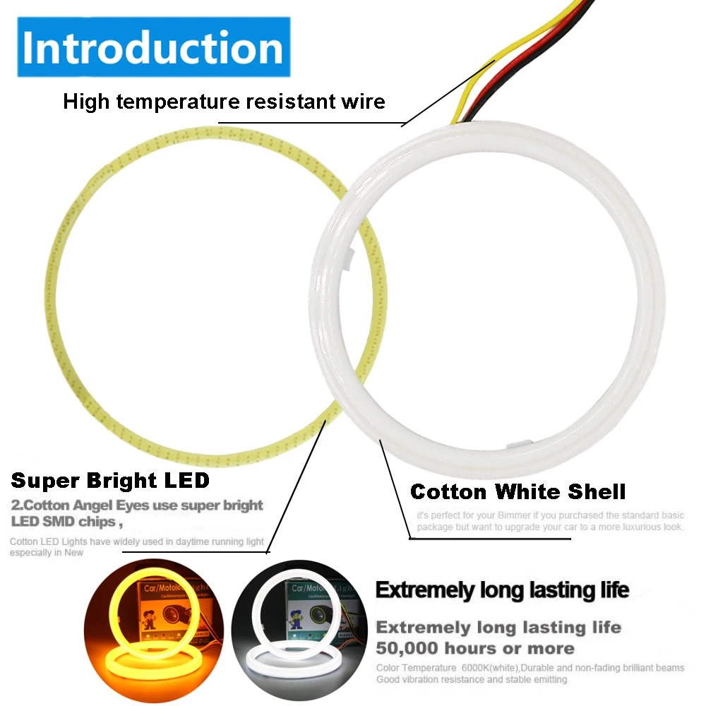 2X Cotton Light white and yellow led angel eyes halo ring 60mm 70mm 80mm 90mm 95mm 100mm 110mm 120mm Auto DRL Eyes with Turning