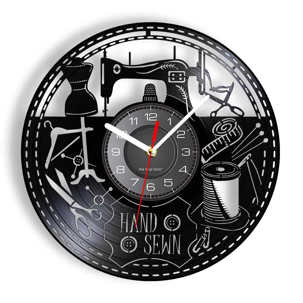 Sewing Machine Tools Inspired Vinyl Record Wall Clock Hand Made Tack Clothes Workshop Tailor Art Decor Watch Seamstress Gift