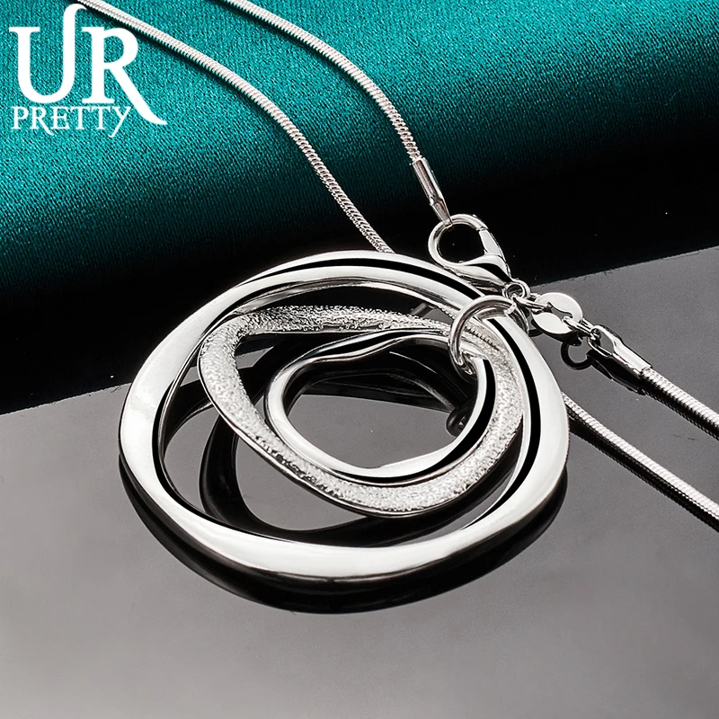 URPRETTY 925 Sterling Silver Circle Pendant Necklace 16/18/20/22/24/26/28/30 Inch Snake Chain For Woman Party Wedding Jewelry