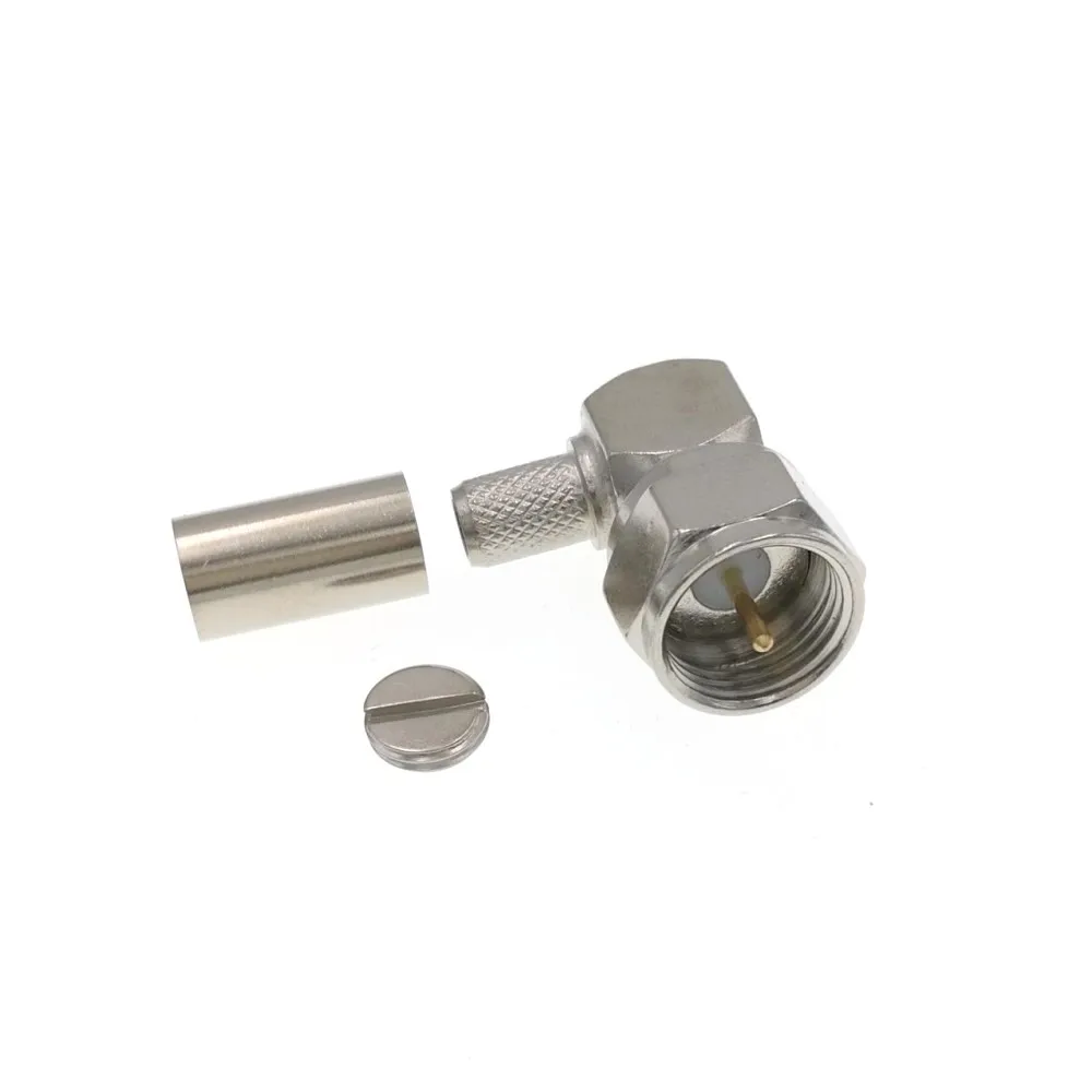

100PCS 75ohm F Type Male Crimp Plug Right Angle Coax Connector LMR195 RG58 RG400 RG142