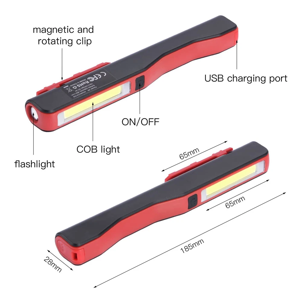 COB LED Work Light USB Rechargeable Flashlight Mechanic Inspection Lamp Portable Hand Pocket Pen Floodlight Magnet Clip Camping