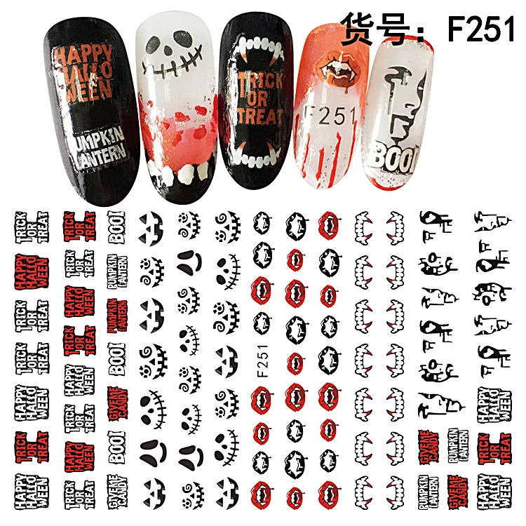 

10PCS Horror Ghost Pumpkin Head Vampire Halloween Pattern Nail Sticker Nail Slider Decoration Beauty Tool