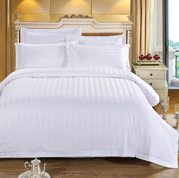 15 New Pure White Stripes Hotel Bedding Set Polyester Fabric Bed Linen Duvet Cover Set Flat Sheet Pillowcases 3/4pcs Bedclothes