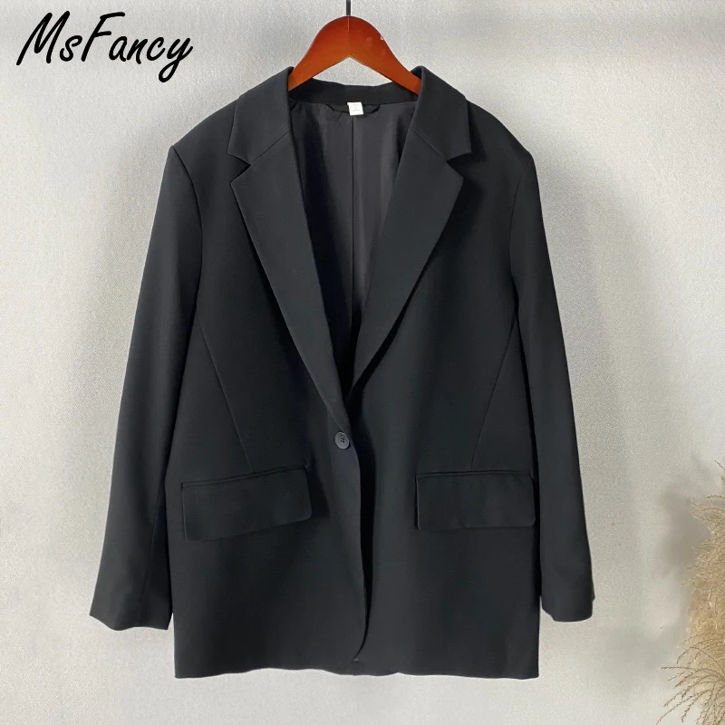 Msfancy Black Oversized Blazer Women Plus Size Tailleur Femme Vintage Single Button Casual Jacket Outwear