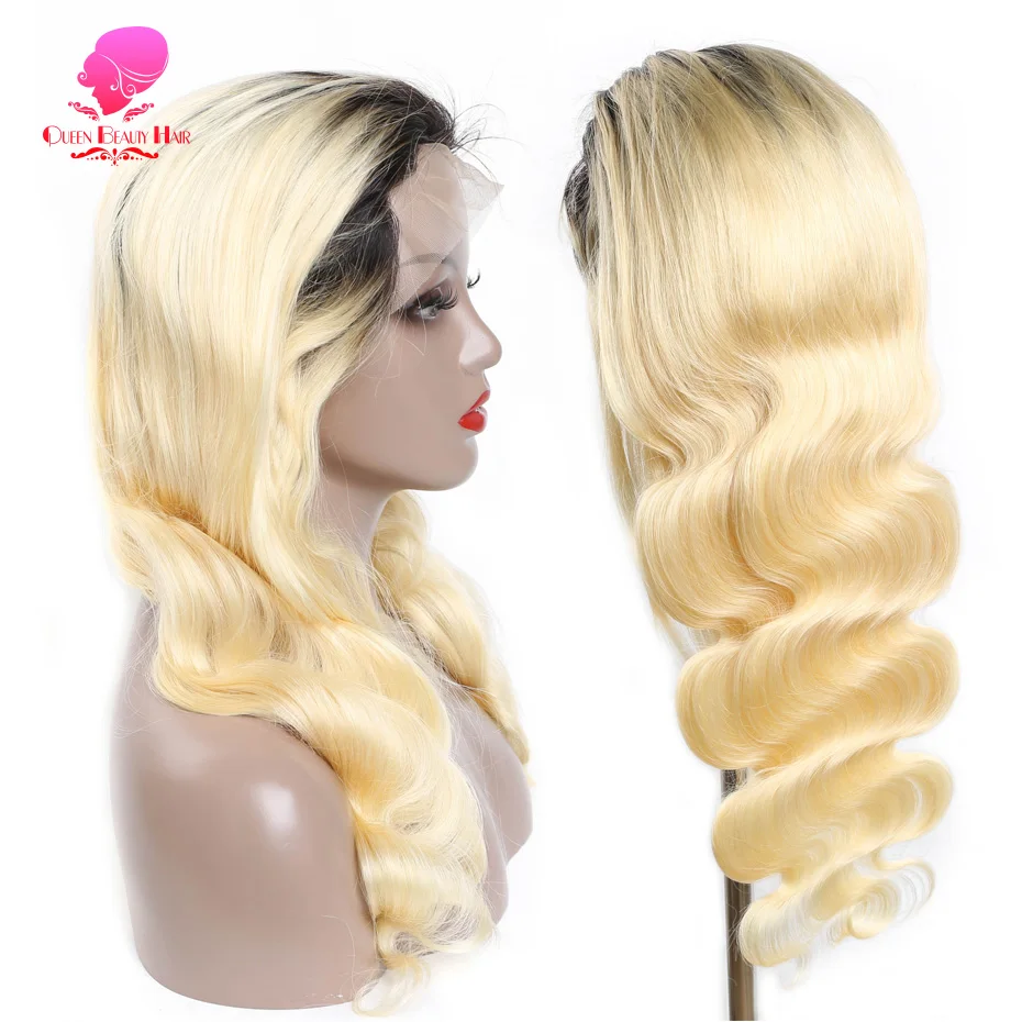 13x6 Full Lace Frontal Perücke aus Echthaar, 1B 613 Ombre Blonde Perücke mit dunklen Ansätzen, peruanische Body Wave Lace Front Echthaarperücken für Frauen – Detail 3