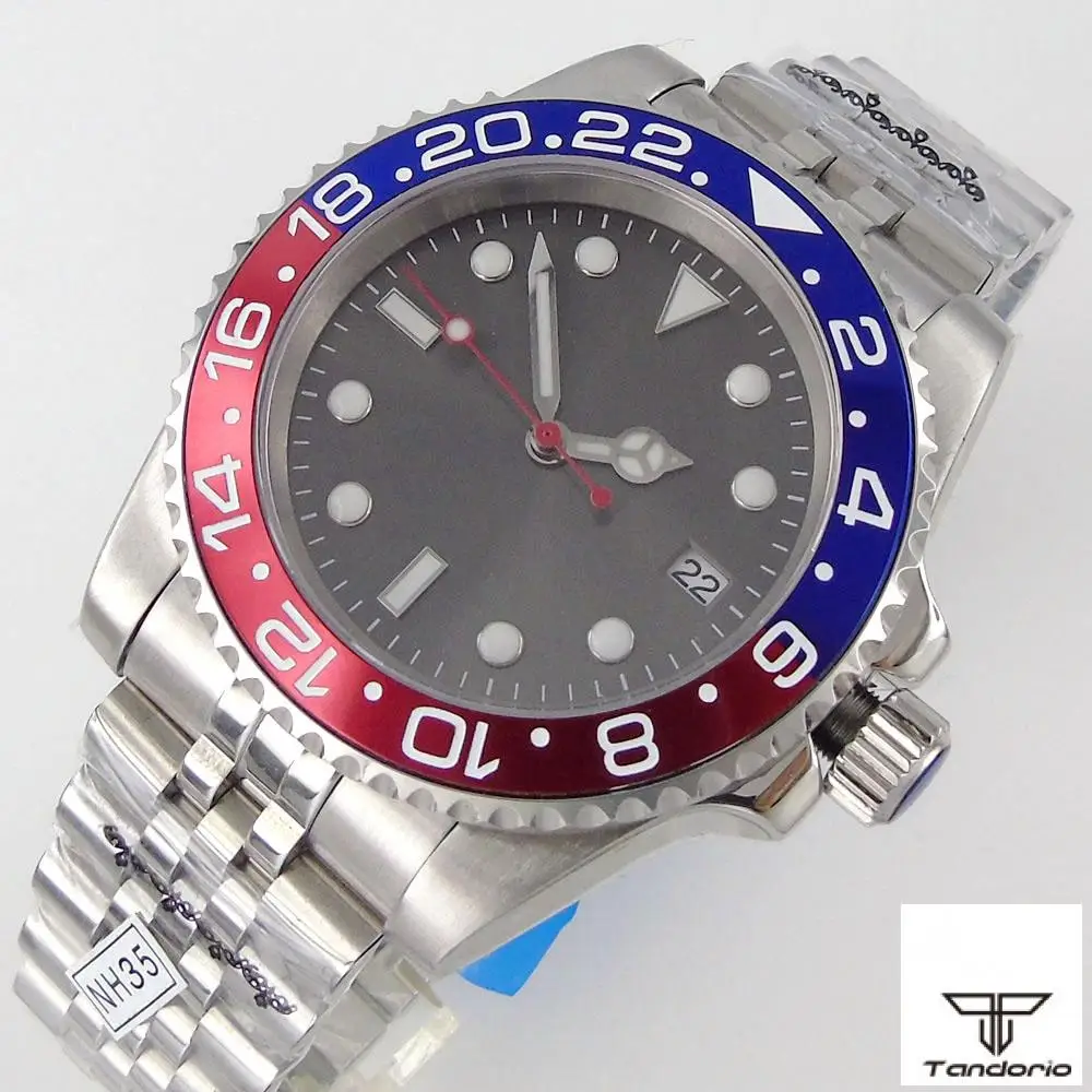 

40mm Gray Sunburst Sterile Face Sapphire Men's Automatic Watch NH35/Miyota 8215 Movement Date Bracelet Red&Blue Alloy Insert