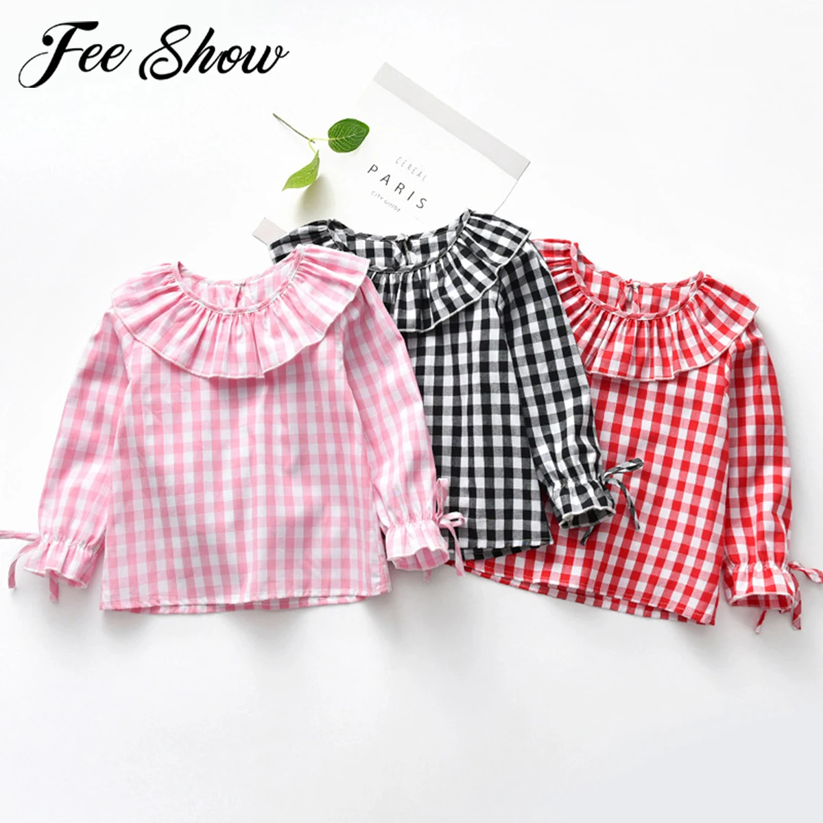 Toddler Kids Girls Cartoon Plaid Ruffles Collar T-shirts Kids Flare Sleeve T Shirt For Girls Children Spring Cotton Blouse Tops