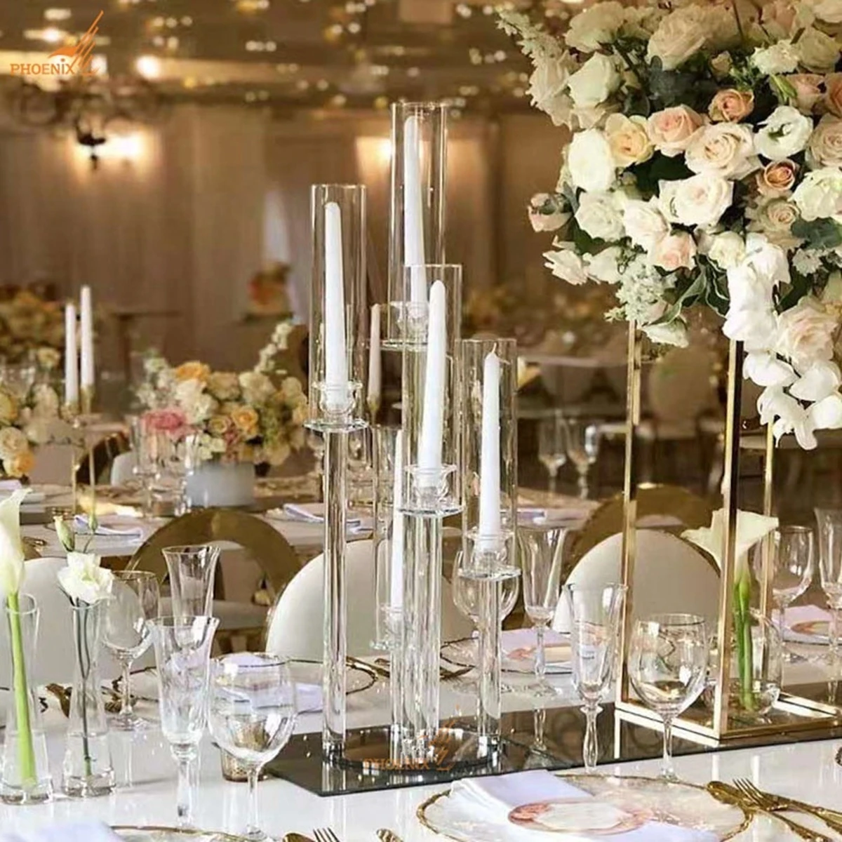 10pcs)Modern popular tall clear crystal floor standing candelabra wedding centerpieces 5 arms wholesale AB0186