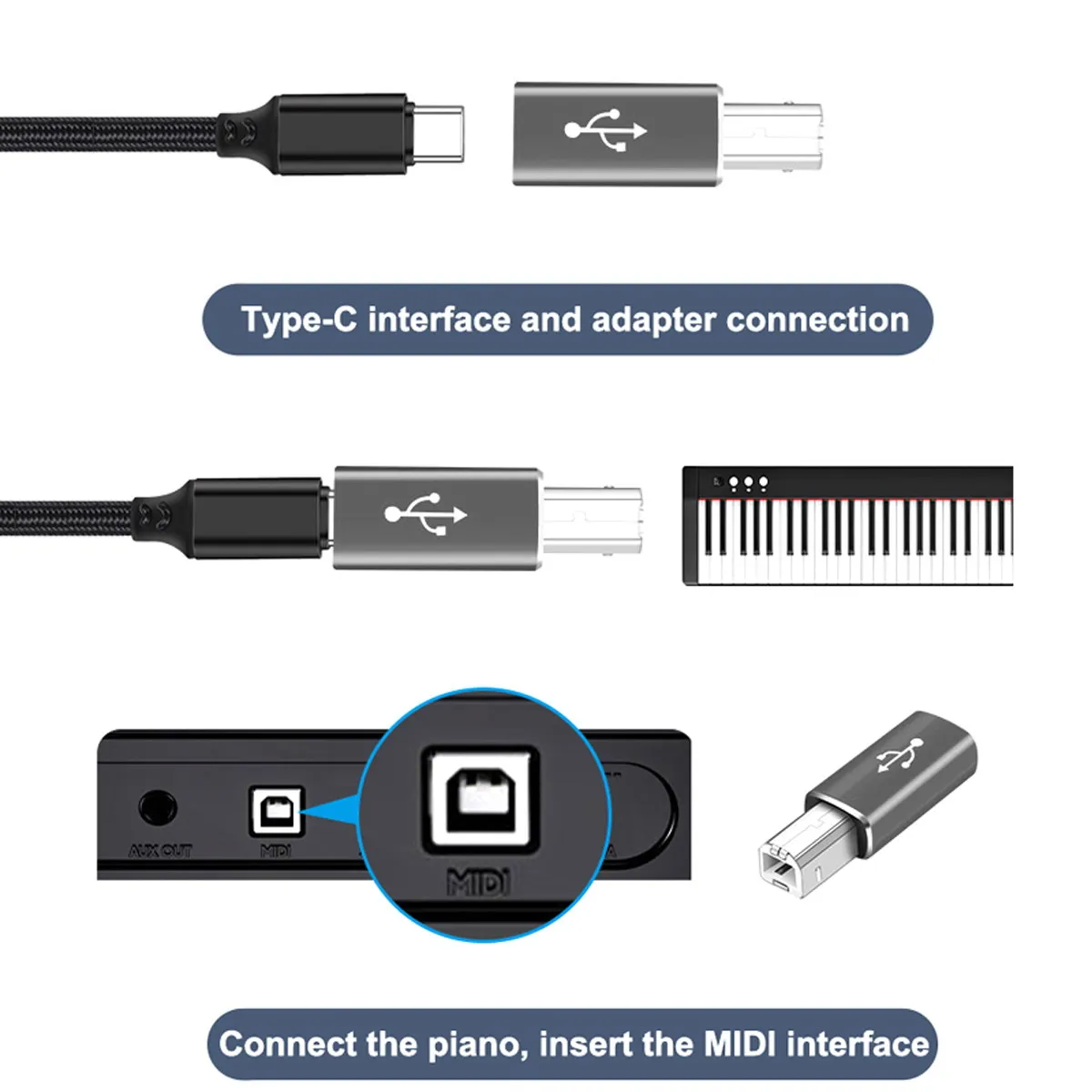 Cysm 2ชิ้นตัวแปลงอะแดปเตอร์ MIDI เครื่องดนตรีประเภท C USB-C สำหรับแท็บเล็ตโทรได้คีย์บอร์ด MIDI