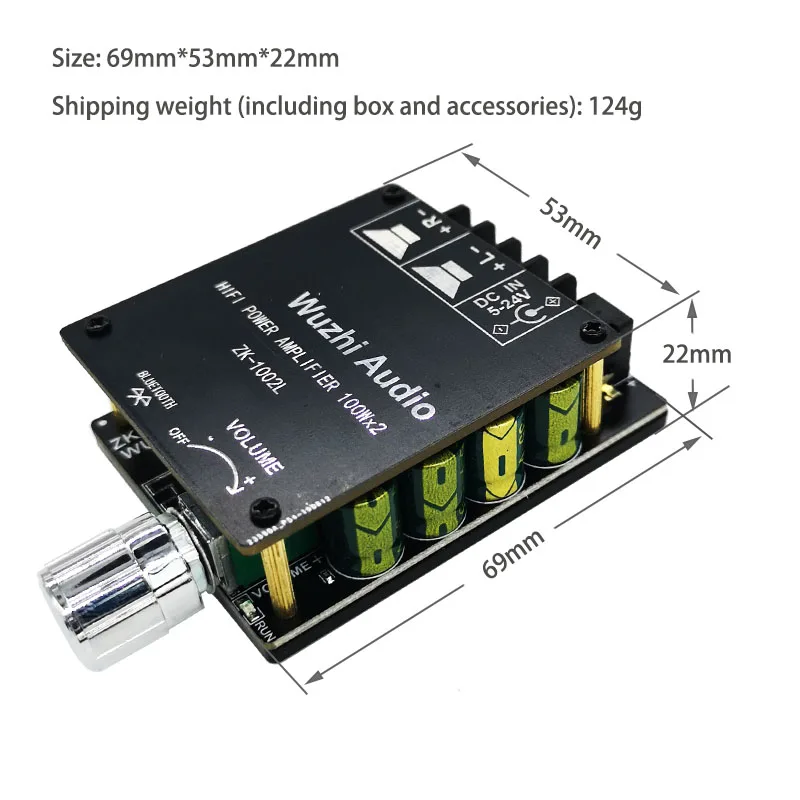 ZK-1002L 100W*2 Mini Bluetooth 5.0 Wireless Audio Power Digital Amplifier Board Double Channels Stereo Amp DC 12V 24V