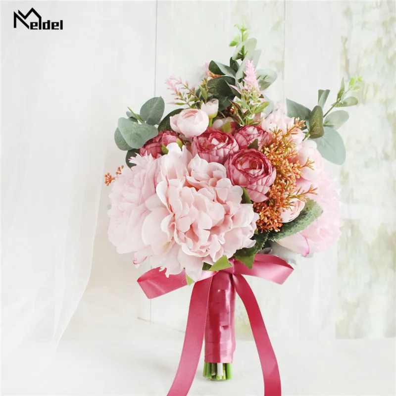 Meldel-ramo de flores para novia, rosa de seda Artificial, peonía rosa, flores de sujeción, decoración de fiesta en casa